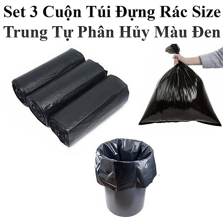Set 3 Cuộn Túi Đựng Rác Size Trung 65X55Cm Tự Phân Hủy Màu Đen Nặng 1Kg
