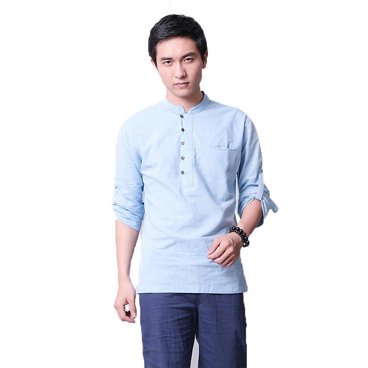 Áo sơ mi nam vải đũi cổ trụ tay lỡ lam Rough