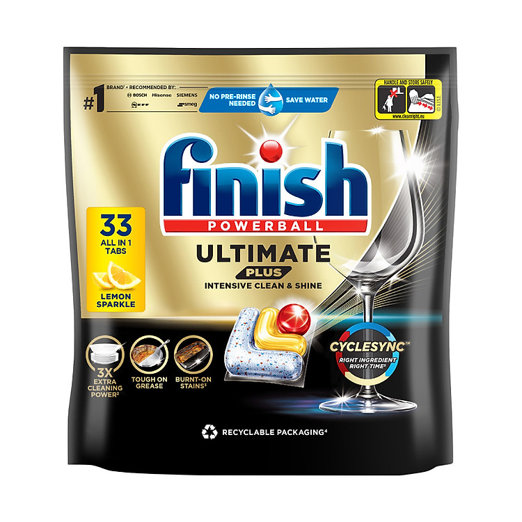 Viên rửa chén bát hương chanh Finish Ultimate plus All in 1, túi 33 viên - Dòng siêu cao cấp