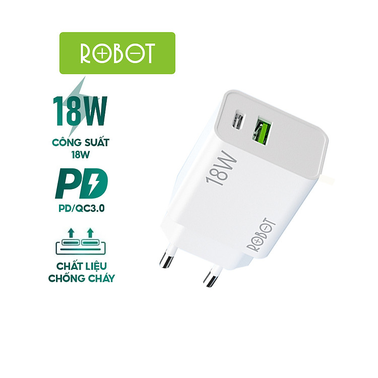 Củ Sạc Nhanh Robot RT-F2 18W 2 Cổng Type-C USB Sạc Nhanh Chuẩn QC 3.0 PD - Hàng Chính Hãng