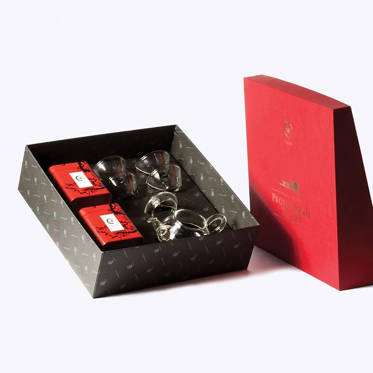 Hộp Cát Tường (hộp quà tặng Trà Việt) - Bộ tứ ẩm thủy tinh trà Ô Long, trà Hồng Trà