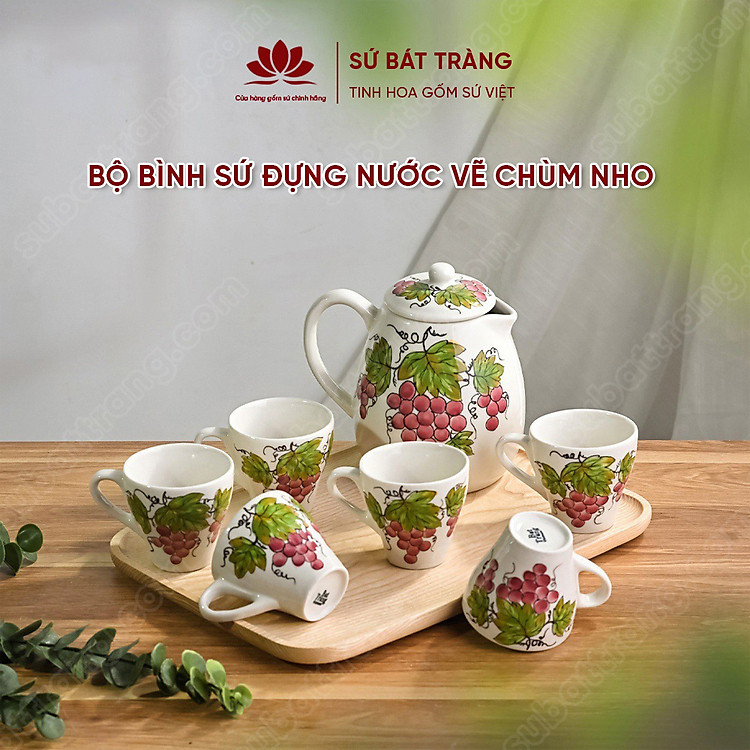 Bộ bình sứ đựng nước vẽ chùm nho