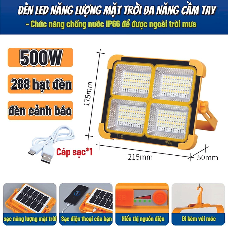 Đèn LED Năng Lượng Mặt Trời Cầm Tay 500W, Đa Năng, Chống Nước, Đổi Màu