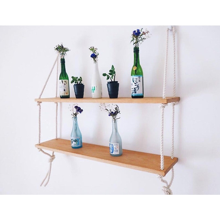 Kệ 2 Tầng Dây Thừng Gai Treo Tường Trang Trí Gỗ Thông Tự Nhiên Bản Dài Hẹp - Kích Thước DxR: 60x11cm (Kệ không bao gồm các sản phẩm khác)