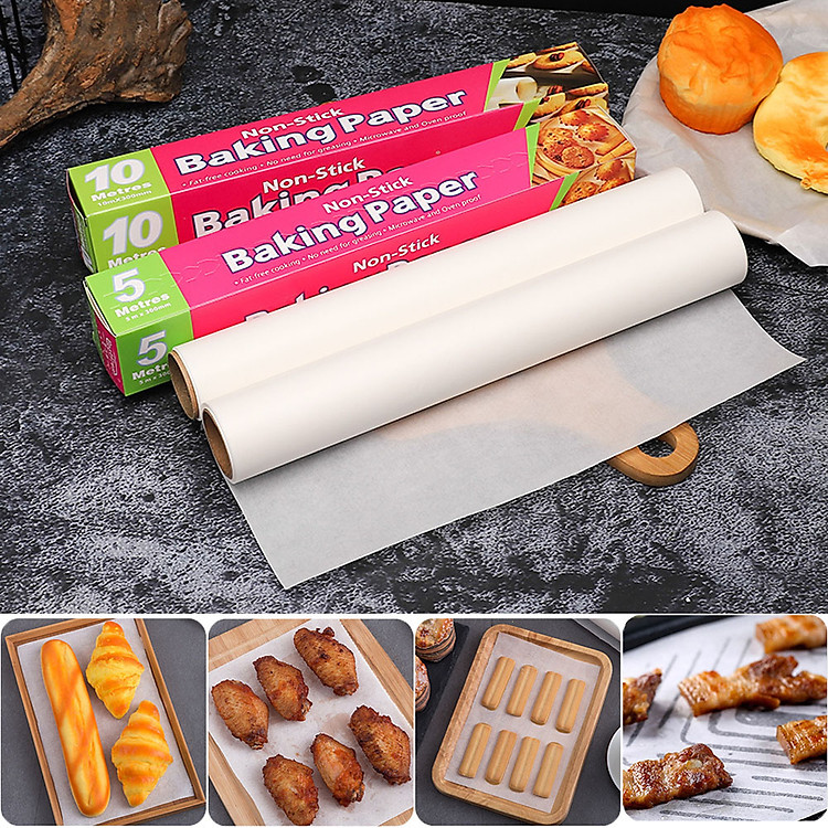 Set 02 Cuộn Giấy Nến, Giấy Sáp, Giấy Lót Nướng Bánh, Lẩu Nướng, Hấp Bánh, Nướng Thực Ăn Chịu Nhiệt, Chống Dính, Không Thấm Dầu Tiện Dụng 30cm x 10m + Tặng Chổi Phếu Dầu Ăn