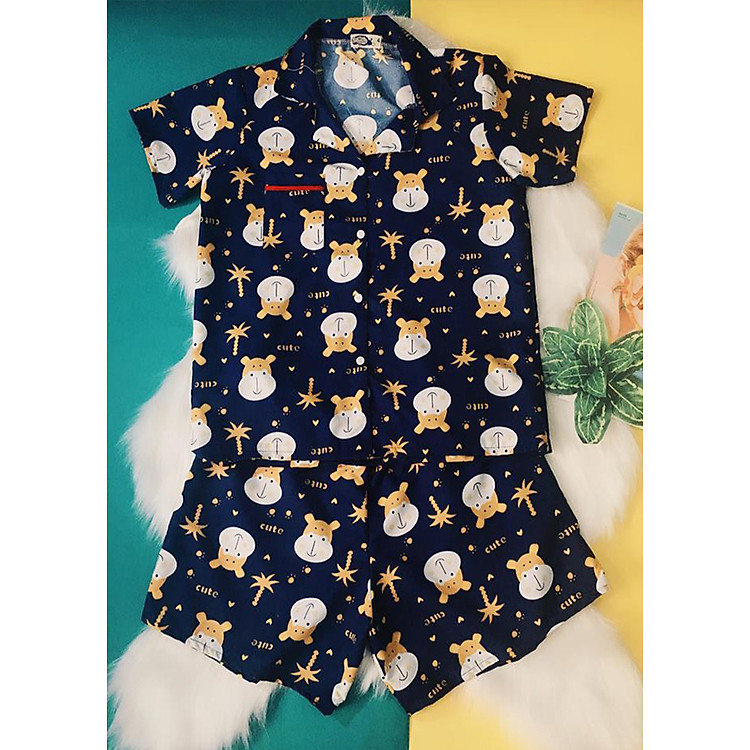 Bộ Ngắn Mặc Nhà Pijama Thái (Free Size) Vải Kate Họa Tiết Bò sữa Pijama0308 - Xanh đen