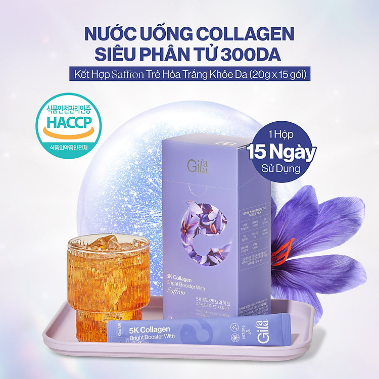 NƯỚC UỐNG COLLAGEN GILAA SIÊU PHÂN TỬ 300DA KẾT HỢP SAFFRON TRẺ HÓA TRẮNG KHỎE DA (20g x 15 gói)