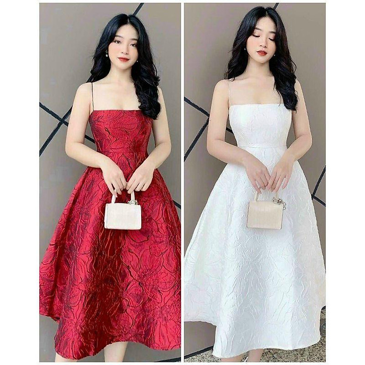 ĐẦM XÒE 2 DÂY GẤM HOA CAO CẤP (CÓ MÚT) ĐỎ TRẮNG THANH LỊCH, DỰ TIỆCTPMLN2 MÀU Y HÌNH CHẤT LIỆU : GẤM TAPTA