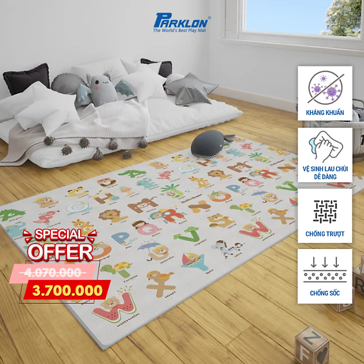 Thảm Em Bé Cao Cấp Parklon PE Họa Tiết Các Bạn Chữ Cái Chính Hãng Hàn Quốc (200x150x1.5)cm Chống Bụi Kháng Khuẩn Khử Mùi Chống Ồn Chống Trượt Chống Sốc (Single side PE Prime-Alphabet Friends)