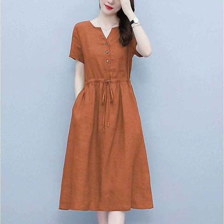 Váy nữ phong cách hàn quốc, chất linen bột mịn cao cấp, váy suông cổ tàu, có dây rút eo