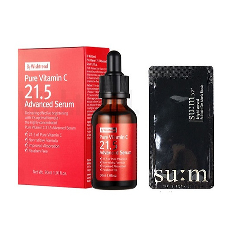Tinh chất Vitamin C dưỡng trắng da giảm mụn làm mờ vết thâm By Wishtrend Pure Vitamin C 21.5 Advanced Serum 30ml + Tặng kèm 1 mặt nạ sủi bọt thải độc da S:um 37 Đen