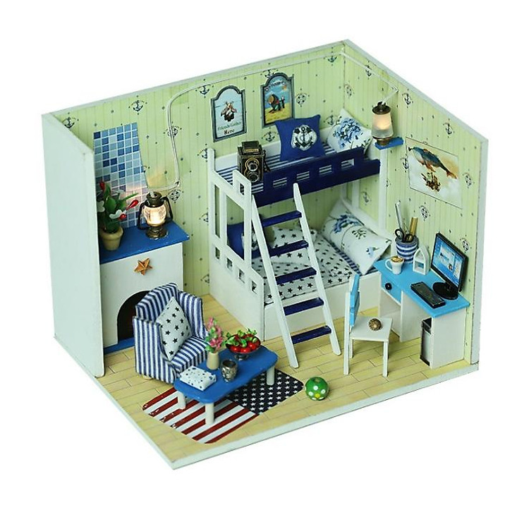 Mô hình Cuteroom DIY nhà búp bê phòng ngủ hai tầng với ga gối xanh trắng chấm bi có lò sưởi