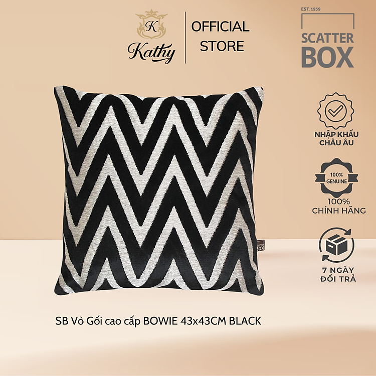 SCATTER BOX Vỏ Gối cao cấp nhập khẩu Ireland Anh Quốc BOWIE màu BLACK C/COVER kích thước 43x43CM Phong cách tân cổ điển