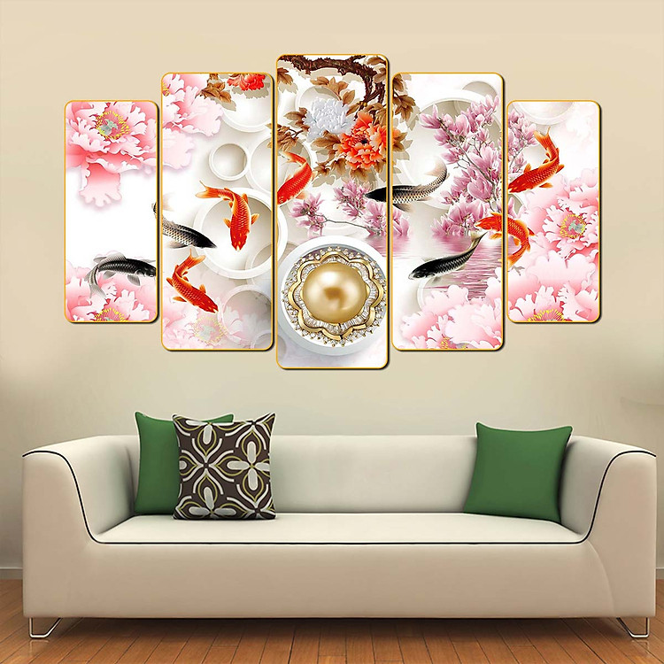 Bộ tranh cá CỬU NGƯ QUẦN HỘI ghép 5 tấm bo góc hiện đại nền gỗ MDF ( Medium Density Fiberboard ) dày 9mm H00400426