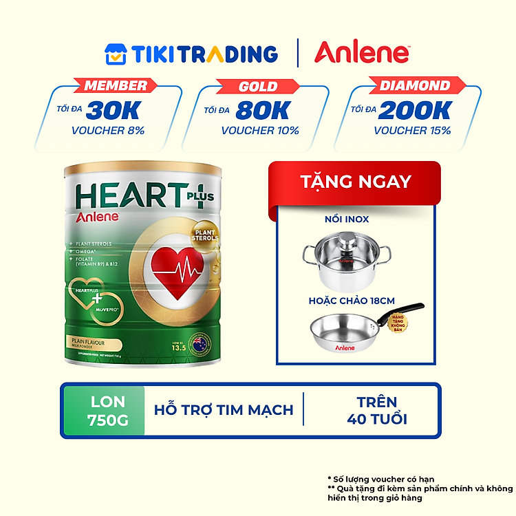 Thực phẩm bổ sung Anlene Heart Plus với dưỡng chất chăm sóc sức khỏe tim mạch 750g/lon - Tặng Nồi Inox Hoặc Chảo 18cm