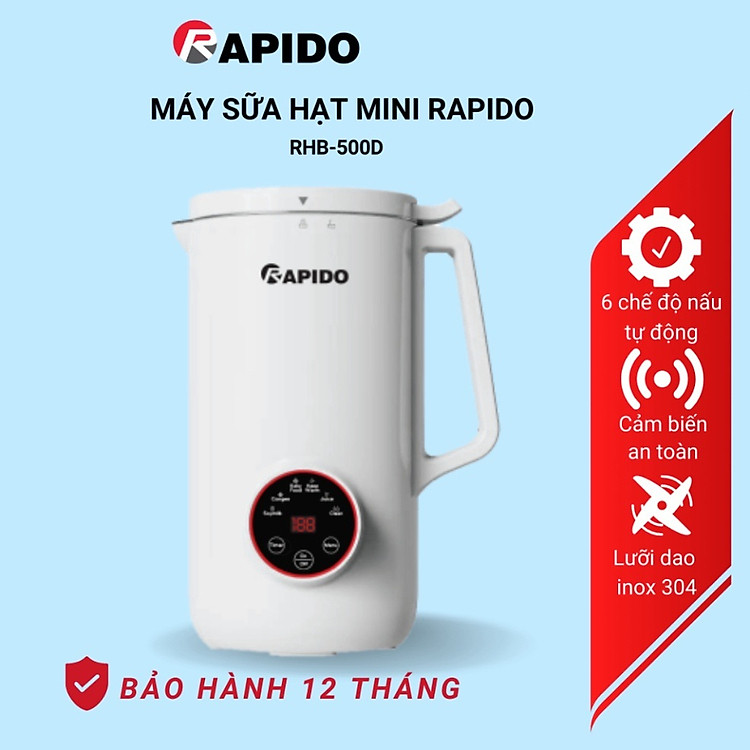 Máy sữa hạt mini RAPIDO RHB-500D, 6 chức năng xay nấu tự động, bảo hành 12 tháng - Hàng chính hãng