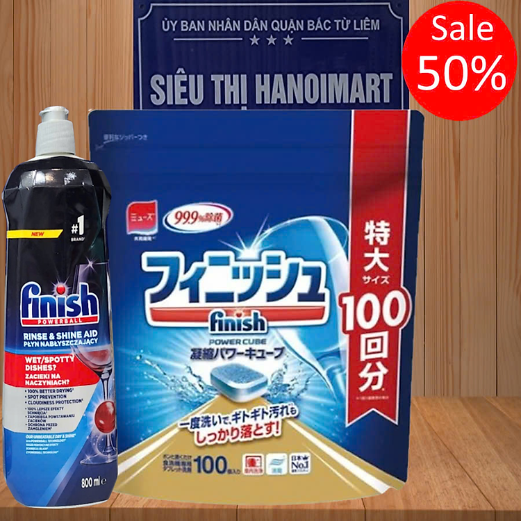 Combo Viên Rửa Chén Powerball Power Essential Lemon Sparkle - Túi 100 viên + Nước làm bóng Finish Rinse & Shine Aid 500ml
