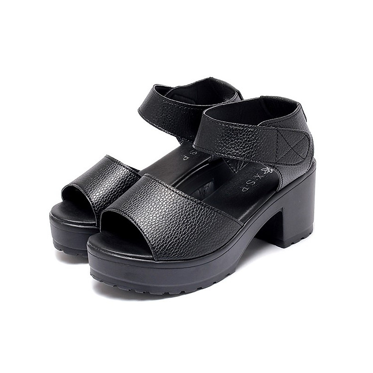 Giày Sandal nữ đế thô quai dán màu đen S062