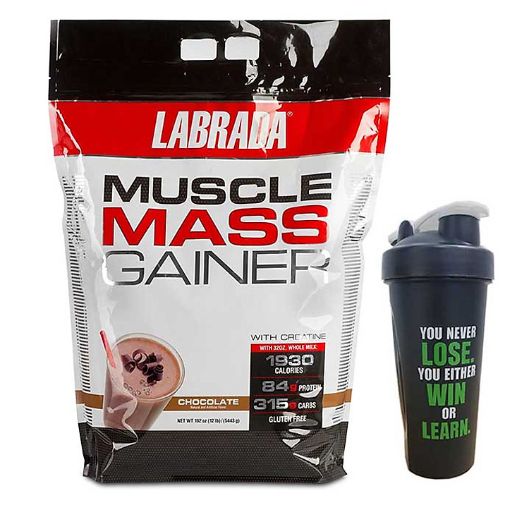 Combo Sữa tăng cân tăng cơ Muscle Mass Gainer của Labrada hương socola bịch 5.4 kg hỗ trợ tăng cân tăng cơ nhanh cho người gầy kén ăn, khó hấp thụ thức ăn tự nhiên & Bình lắc 600 ml (Màu Ngẫu Nhiên)