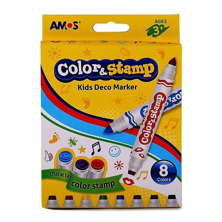 Bút Dạ Màu 2 Đầu AMOS Color & Stamp (Hộp 8 bút)