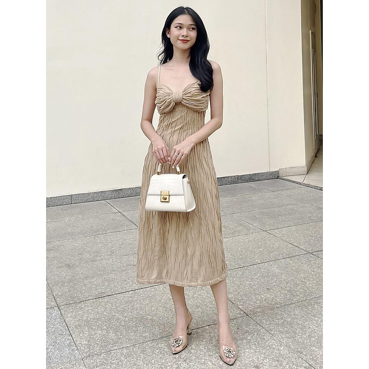 RECHIC Đầm Venia hai dây dáng dài kiểu nơ trước ngực phù hợp đi tiệc dạo phố