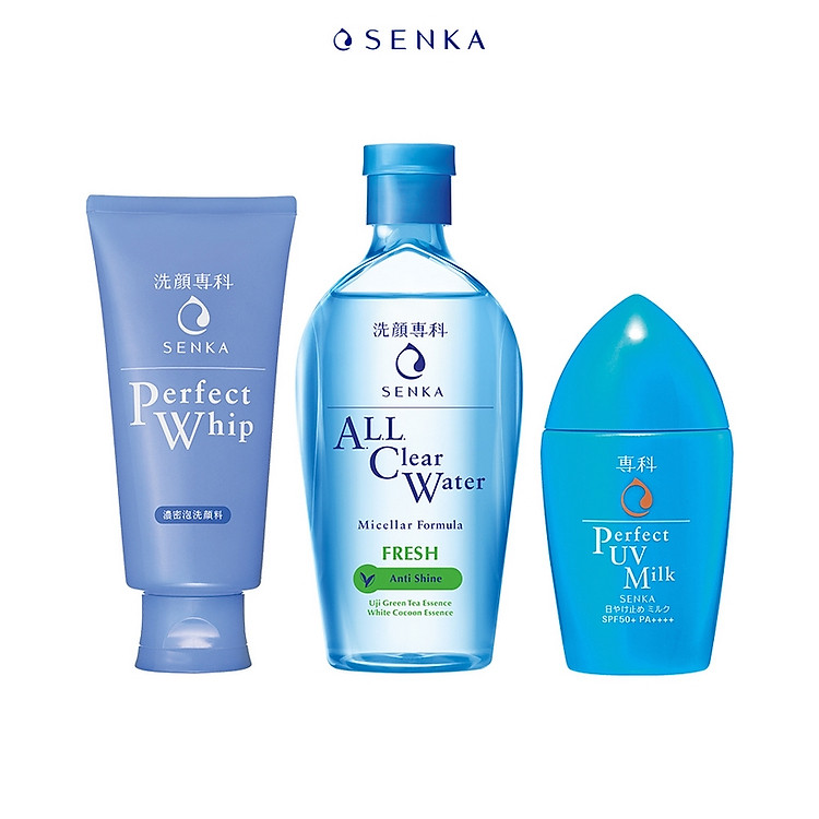 Combo Senka Làm Sạch Chống Nắng (Sữa Rửa Mặt Whip 120g + Nước tẩy trang Fresh 230ml + UV Milk 40ml)