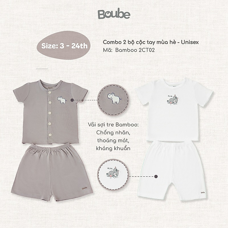 Combo 2 bộ cộc tay mát mẻ cho bé sơ sinh và trẻ nhỏ Boube, Vải sợi tre cao cấp Bamboo thông minh, thoải mái - Size 3-24M