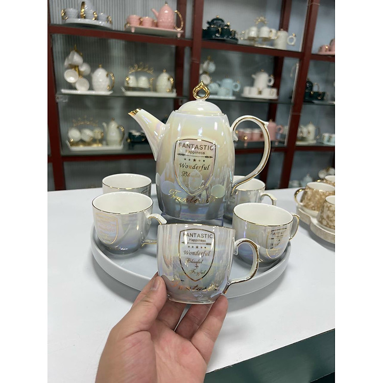 BỘ ẤM CHÉN SỨ VÂN HỌA TIẾT KHAY TRÒN