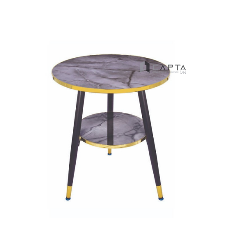 Bàn mica vân đá tròn 60cm TE1548-06P Nội thất Capta Bàn tiếp khách mặt bàn Mica vân đá trắng đen xám viền inox vàng chân thép sơn tĩnh điện có ống đồng
