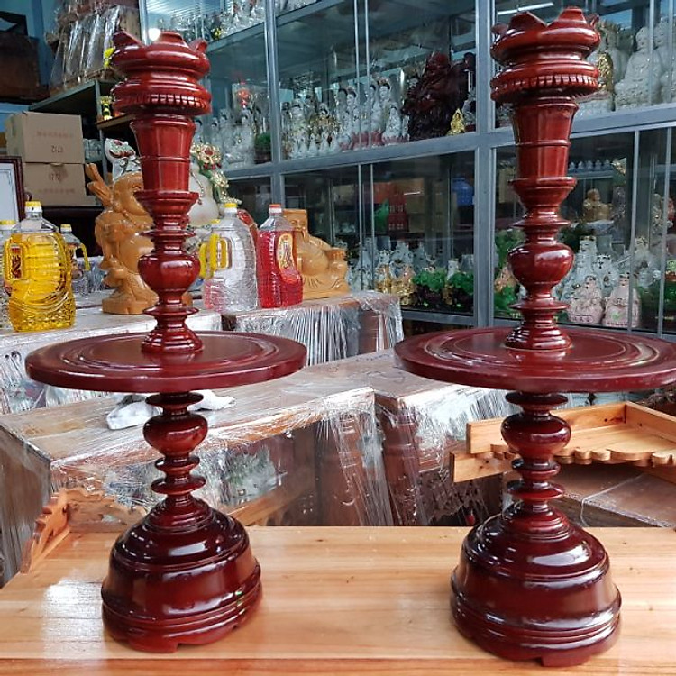 Cặp chân đèn gỗ xà cừ màu nâu đỏ cao 53 cm