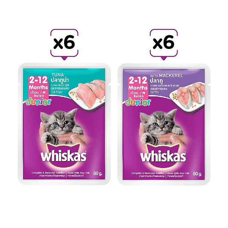 Combo Whiskas mèo con 80g mix 2 vị (cá ngừ + cá thu) - 12 túi