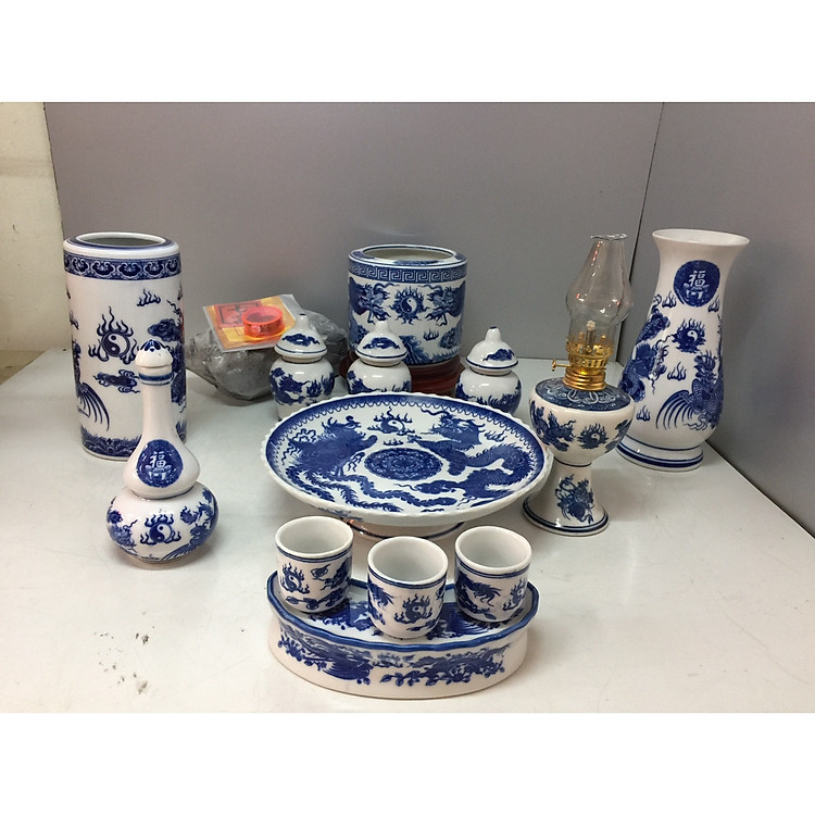 Bộ bát hương thờ ( gốm sứ bát tràng cao cấp) comboo cả bộ + tặng tro đủ 3 bát hương, tặng nước sái tịnh đồ thờ