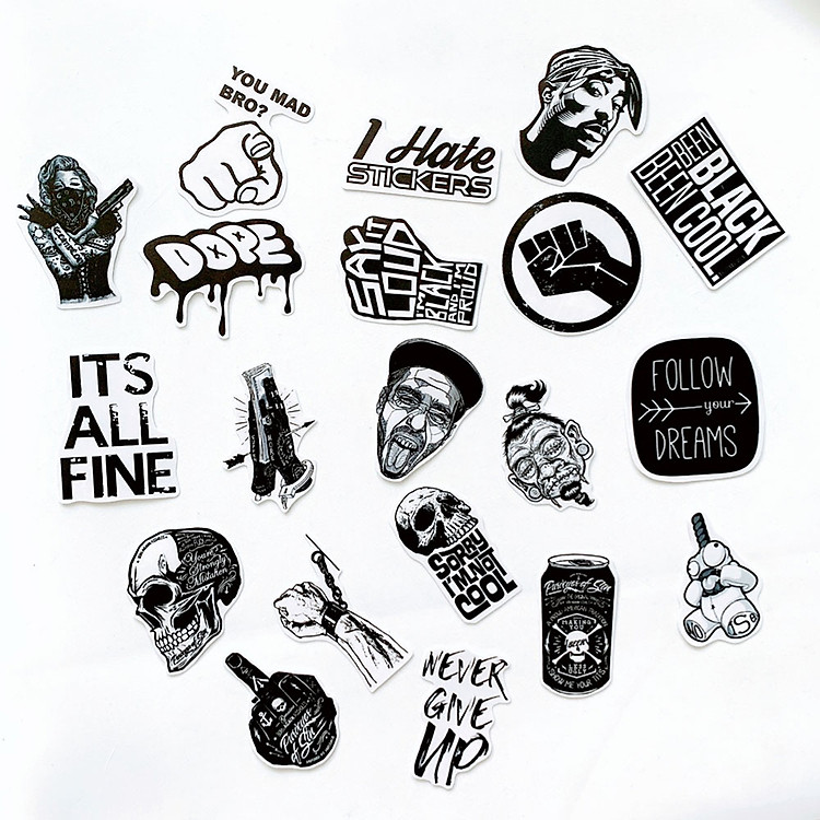 Bộ 20 Sticker Black White Đen Trắng (2020) Hình Dán Chống Nước Decal Chất Lượng Cao Trang Trí Va Li Du Lịch, Xe Đạp, Xe Máy, Laptop, Nón Bảo Hiểm, Máy Tính Học Sinh, Tủ Quần Áo, Nắp Lưng Điện Thoại
