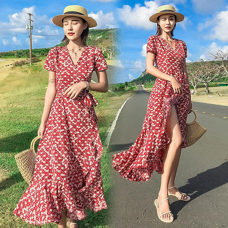 Váy thời trang nữ mùa hè mới phong cách cổ điển Pháp một mảnh in màu đỏ váy dài giữa váy tuxedo kỳ nghỉ bên bờ biển