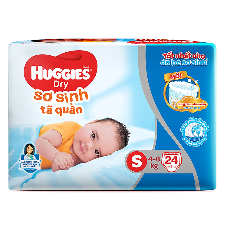 Tã Quần Sơ Sinh Huggies Dry Newborn S24 (24 Miếng) - Bao Bì Mới