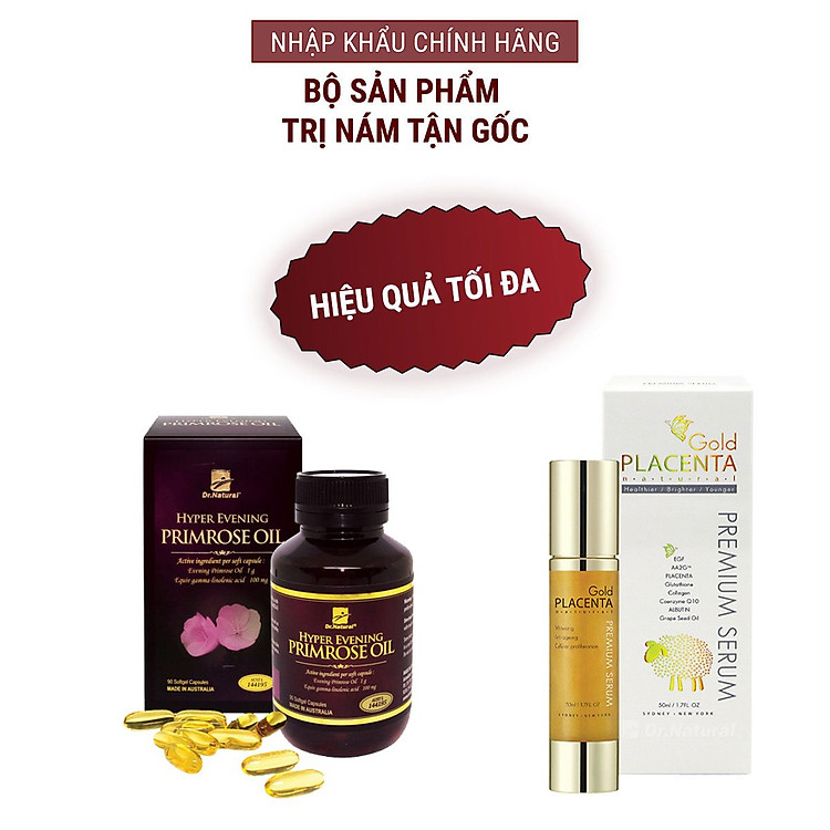 Bộ Sản Phẩm Đẹp Da, Giảm Nám: Viên Nội Tiết Hyper Evening Primrose Oil 180 Viên, Serum Vàng Nhau Thai Cừu Dr Natural Gold Placenta Premium 50ml