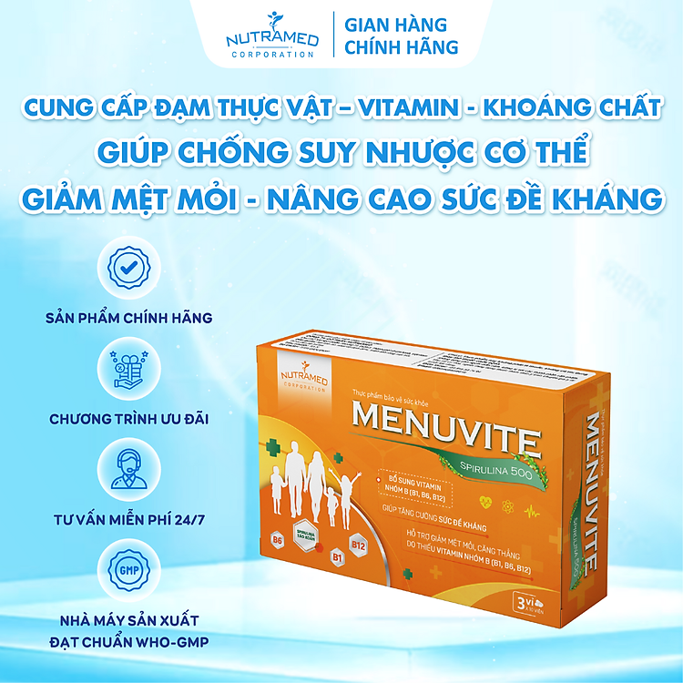 Viên uống Menuvite Spirulina 500 hỗ trợ bổ sung đạm thực vật, vitamin, khoáng chất giúp bồi bổ sức khoẻ, tăng đề kháng