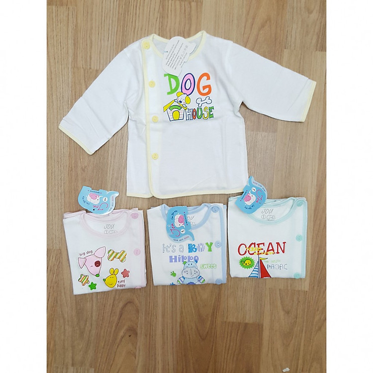 Đồ Sơ Sinh Gồm 5 Áo Cài Bên Tay Dài Jou Trắng Cho Bé 0-9 Tháng ( Cotton 100% Cao Cấp )
