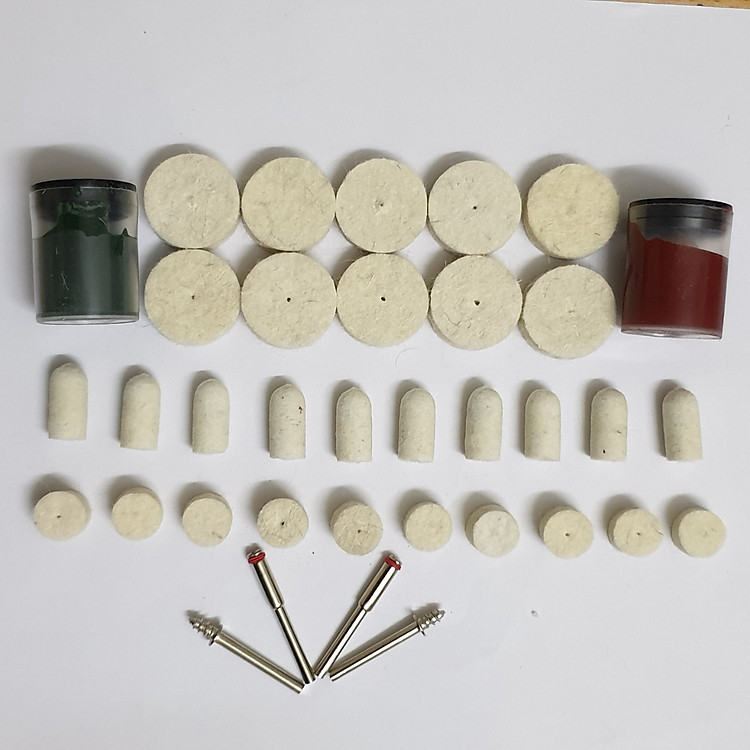 Bông nỉ trắng đánh bóng chân cán cốt 3mm (30 đầu nỉ + 2 lọ bột bóng + 4 cán cốt 3ly)