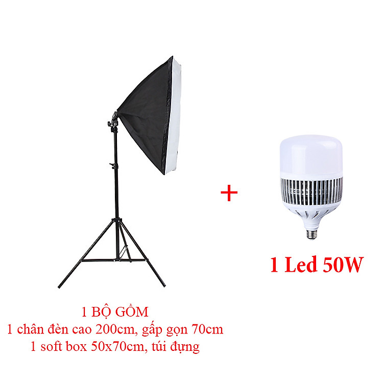 Bộ đèn studio chụp ảnh sản phẩm, quay phim, livestream chuyên nghiệp, bộ gồm chân đèn 2m kèm softbox 50x70cm, bóng đèn Led Bulb