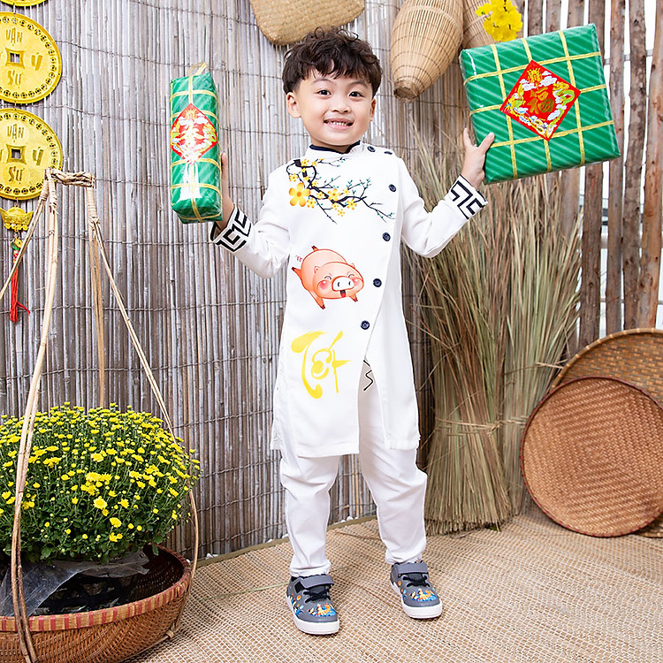Áo Dài Bé Trai Heo Vàng Đón Xuân Bonchop