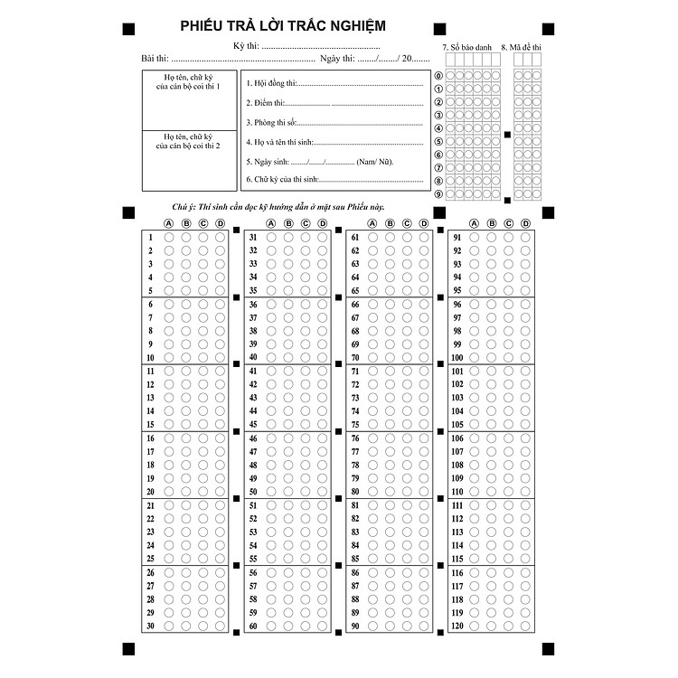 Phiếu Trả Lời Trắc Nghiệm (5 tờ)