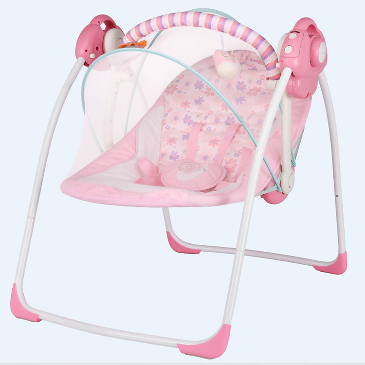 Nôi Đưa Tự Động, Nôi Em Bé, Ghế Nằm Có Màn Và Gối Chống Gù Size Lớn Màu Hồng