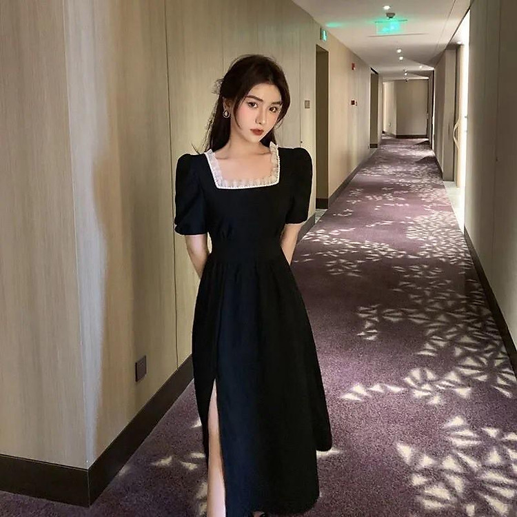 Váy cổ vuông Riềm cổ sẻ 1 bên Phong cách retro pháp cổ điển -Mùa hè 2-màu đen đỏ thời trang .