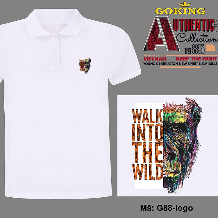WALK INTO THE WILD, mã logo-g88. Áo thun polo cổ trụ cho nam nữ, form unisex. Áo phông cá sấu hàng hiệu Goking, quà tặng cao cấp cho gia đình, cặp đôi, doanh nghiệp