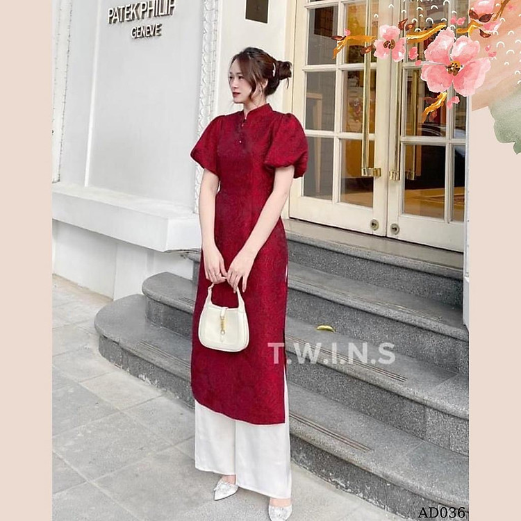 SET ÁO DÀI GẤM ĐỎ TAY PHỒNG + QUẦN SUÔNG TRẮNG