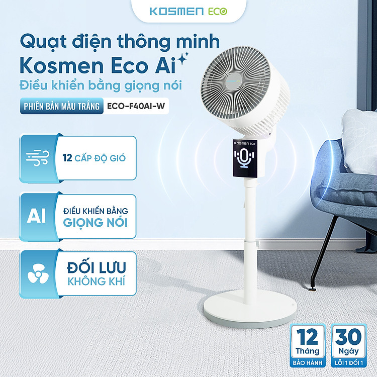 Quạt thông minh Kosmen ECO-F40AI-W AI điều khiển bằng giọng nói – Màu Trắng - Hàng Chính Hãng, Bảo Hành 1 Năm