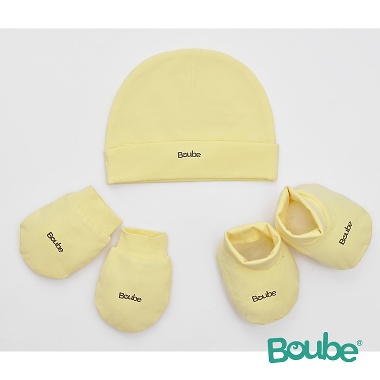 Set phụ kiện nón, bao tay, bao chân màu vàng cho bé sơ sinh Boube, Vải Cotton Organic thoáng mát - Size Newborn