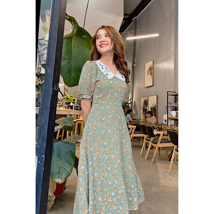 Đầm hoa phối cổ thêu BEMINE MT1235XANH