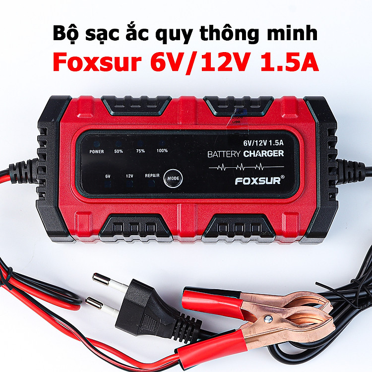 Sạc Ắc Quy FOXSUR 1.5A FBC061215E 6V 12V 4Ah - 30Ah Tự Ngắt Khi Đầy Phục Hồi Ắc Quy Khử Sunfat Chống Ngược Cực